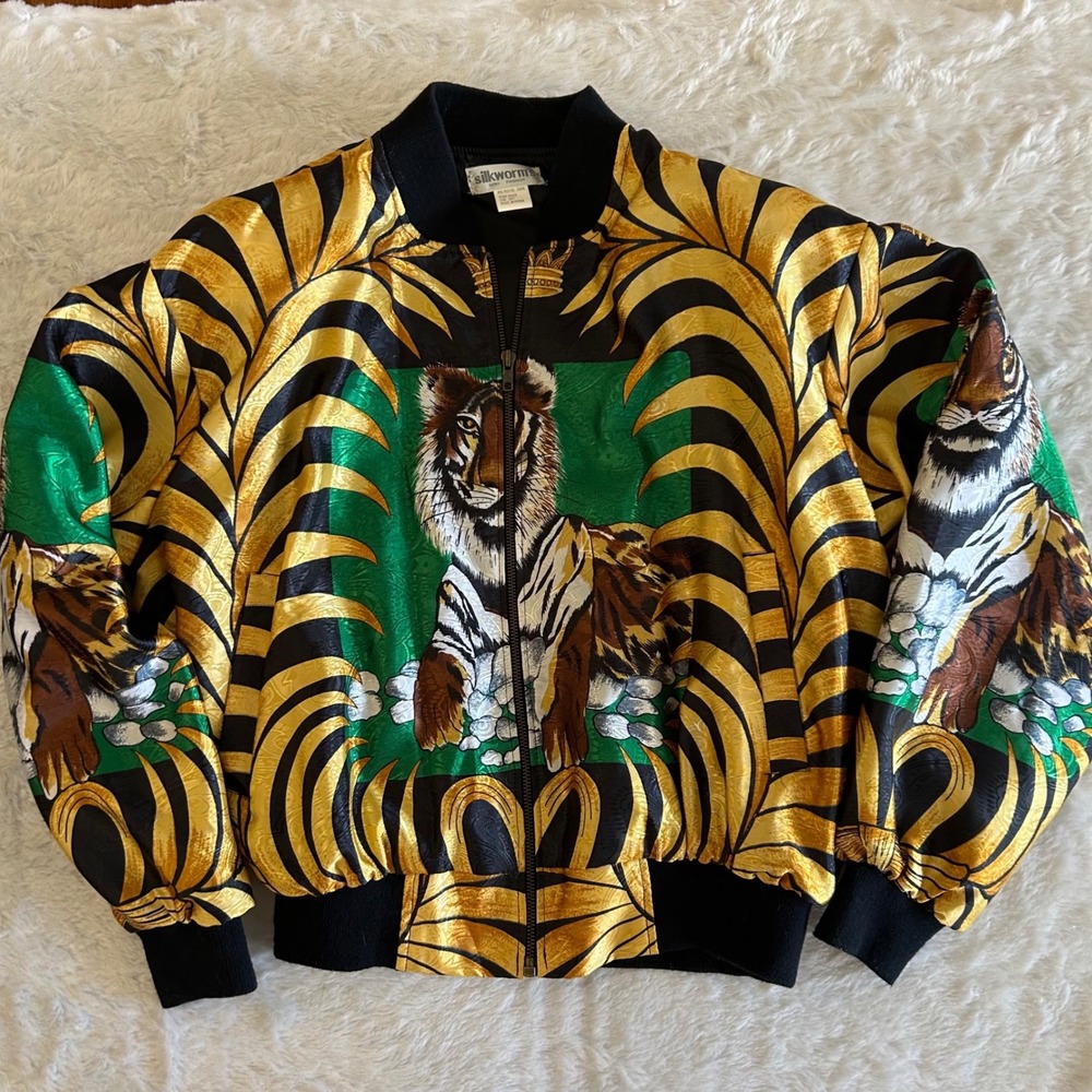 Silkworm's Bomber Jacket Women XL Gold Green Vintage Tiger Print Excellent